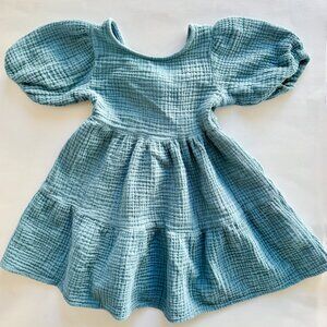 Cotton On Kids Tiered Gauze Dress | Puff Sleeve Bow Back | Blue | 3